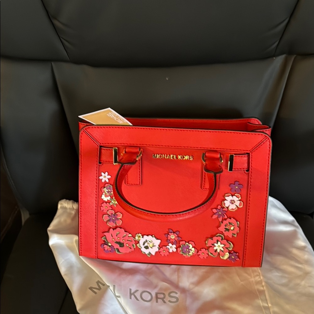 Michael Kors Red Leather Satchel with Gold Hardware